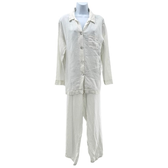 Libeco Home Linen‎ Pajama Lounge Set White Button Top & Pants Size Large - Picture 1 of 15